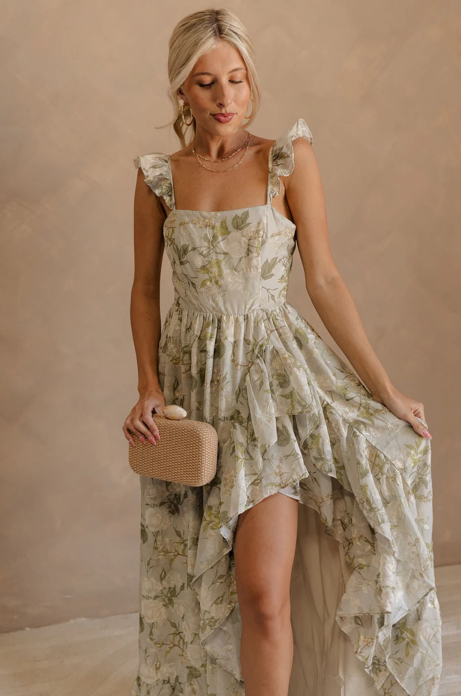 Thea Green & Gold Floral Ruffle Maxi Dress - Image 10