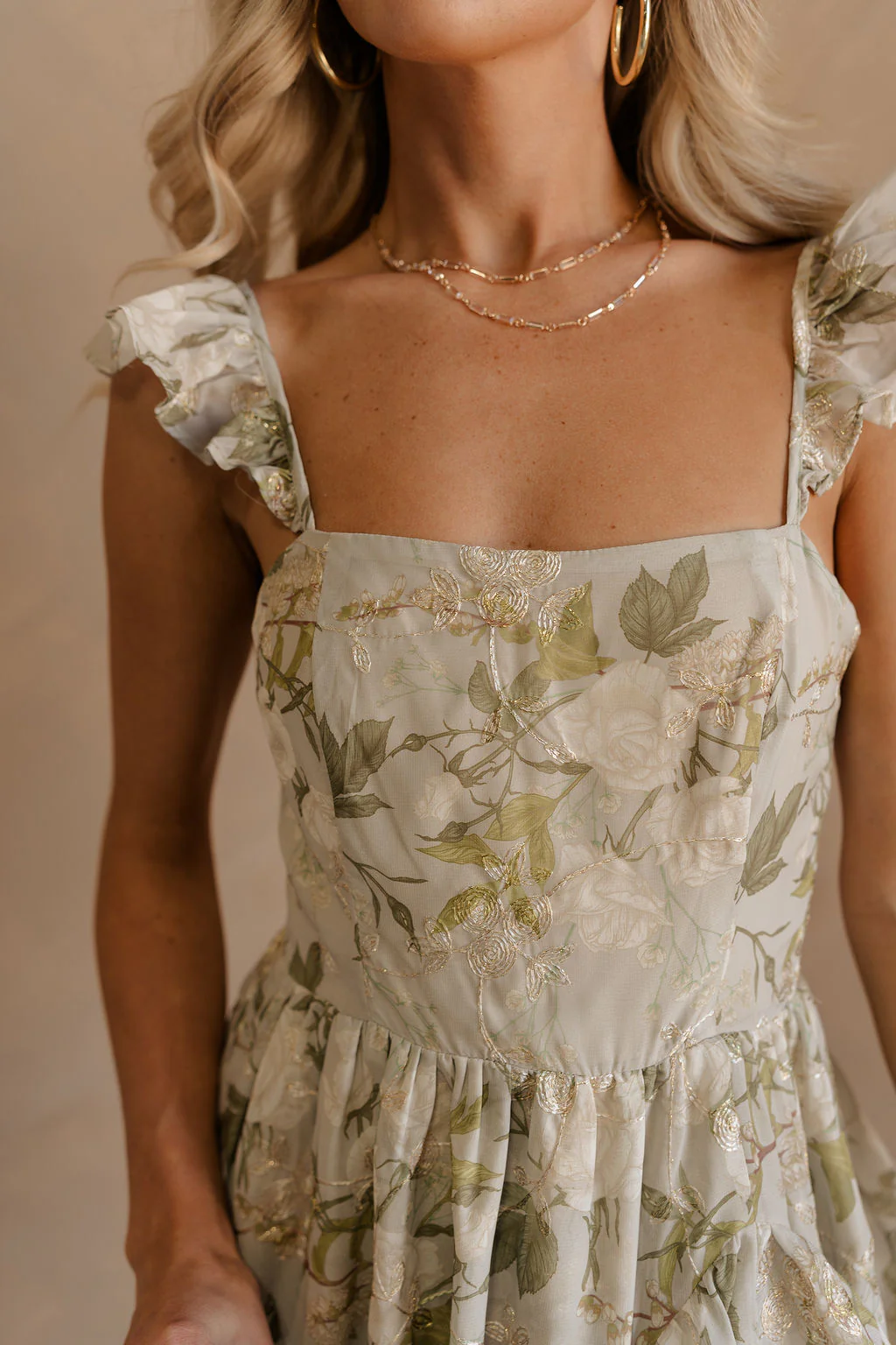 Thea Green & Gold Floral Ruffle Maxi Dress - Image 12