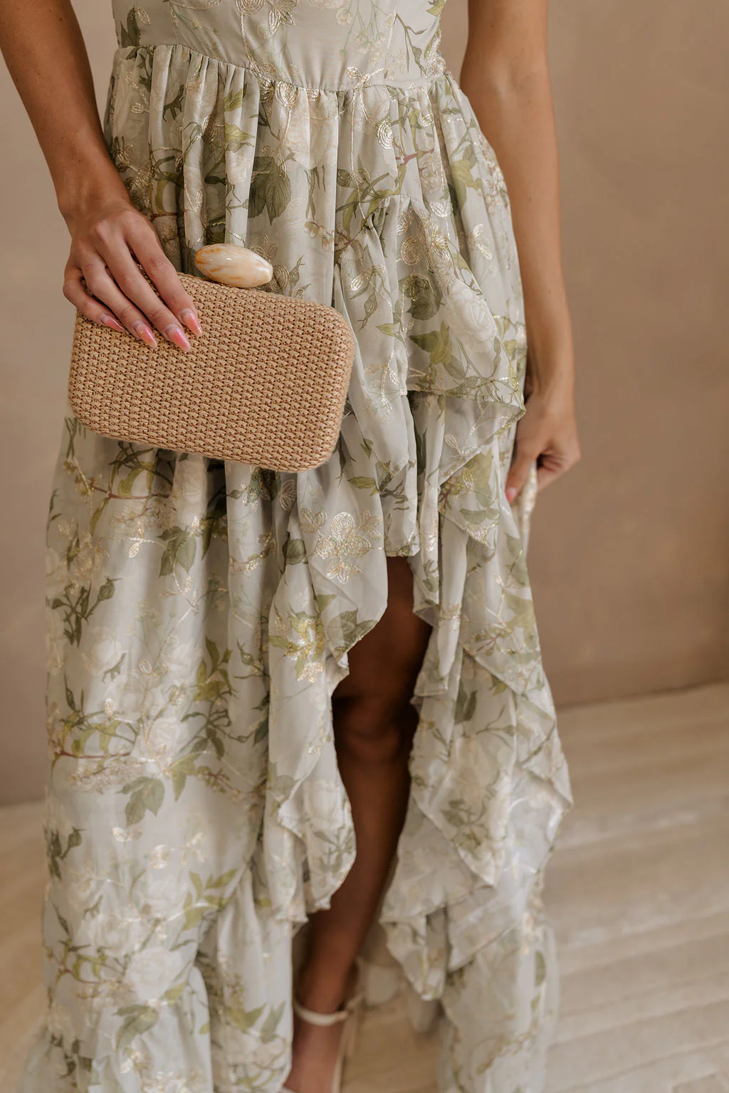 Thea Green & Gold Floral Ruffle Maxi Dress - Image 13