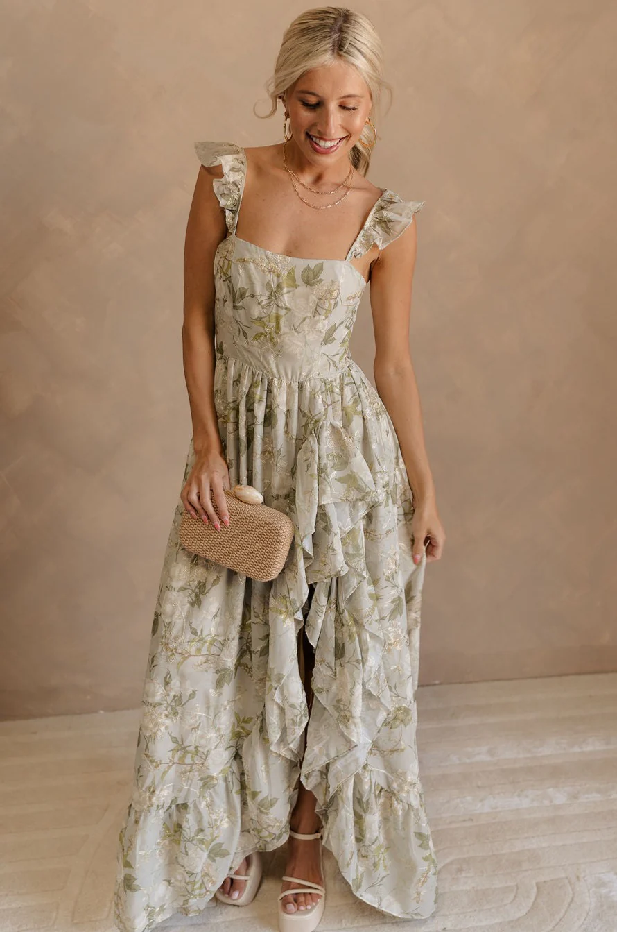 Thea Green & Gold Floral Ruffle Maxi Dress - Image 9