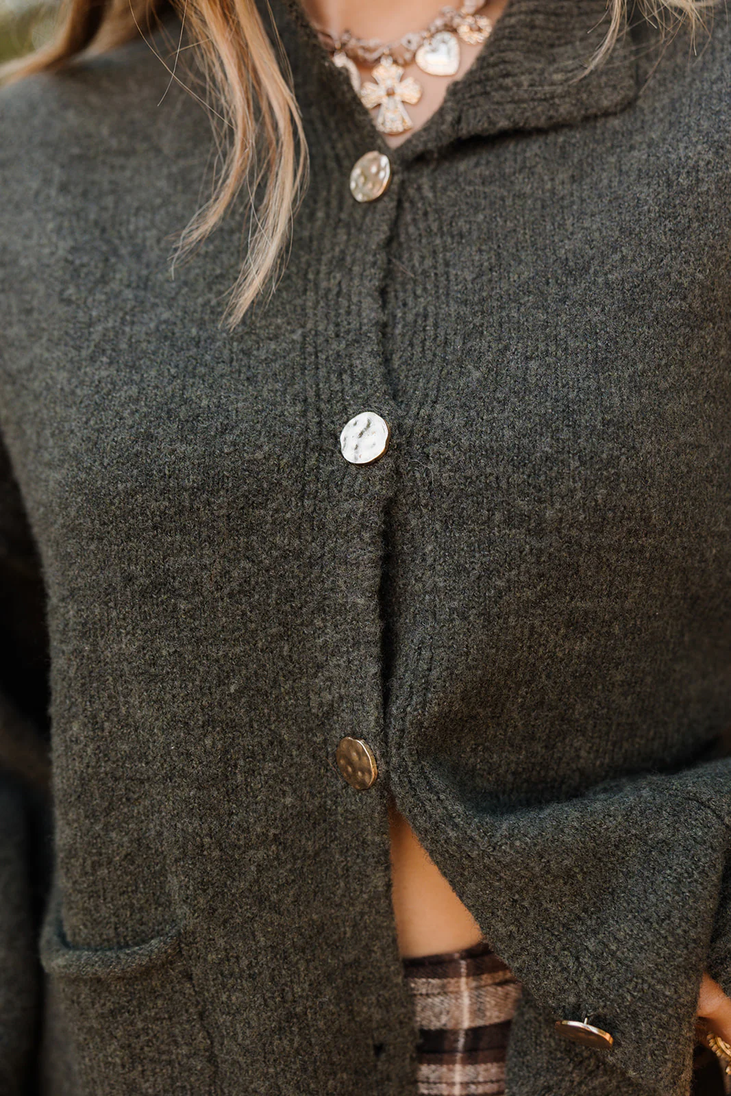 Tiffany Olive & Gold Button Cardigan - Image 3
