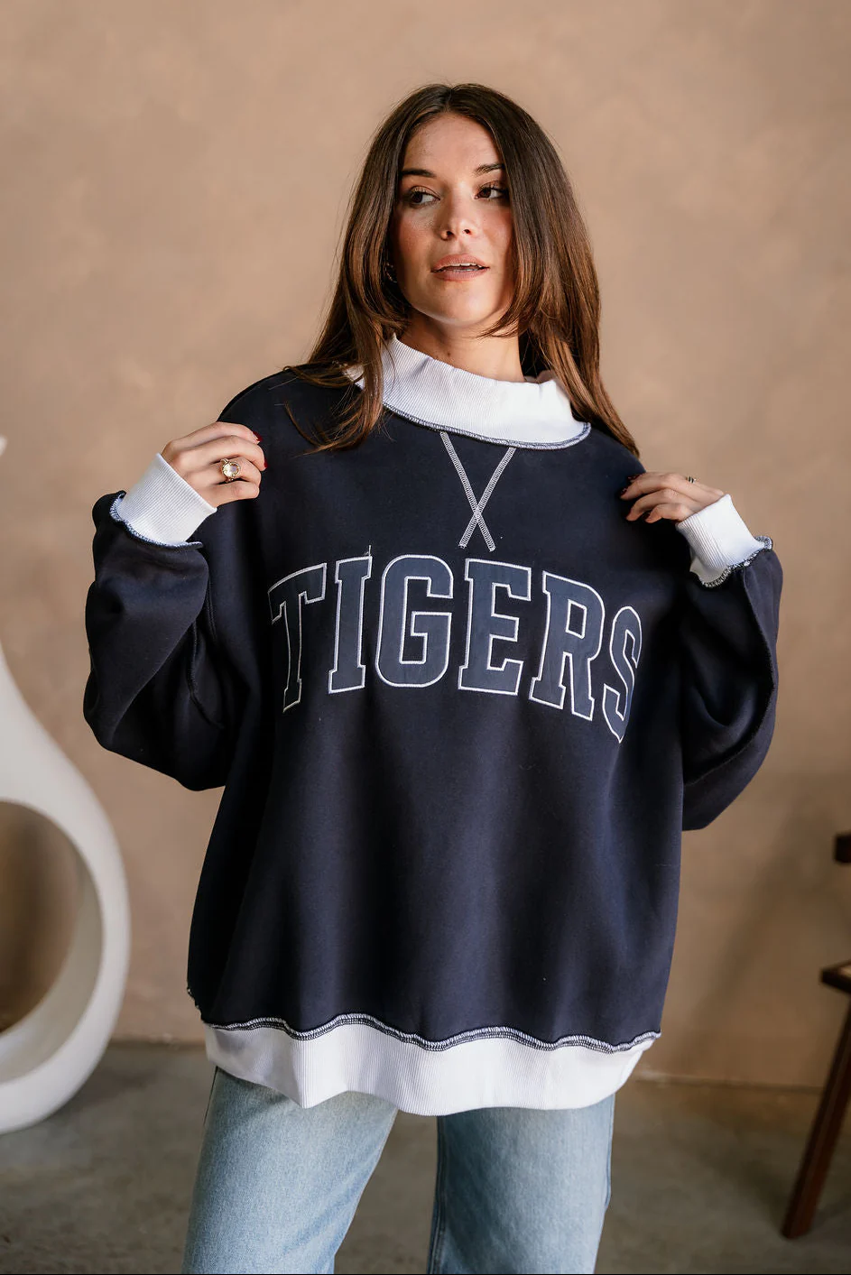 Tigers Navy Blue & White Mock Neck Sweatshirt - Image 6