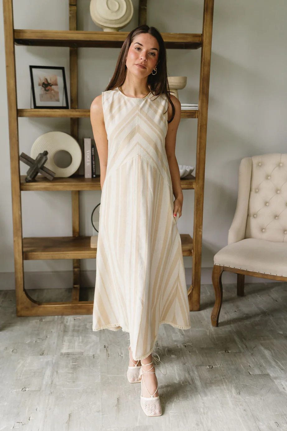 Tinsley Taupe & Oatmeal Linen Fray Midi Dress - Image 6