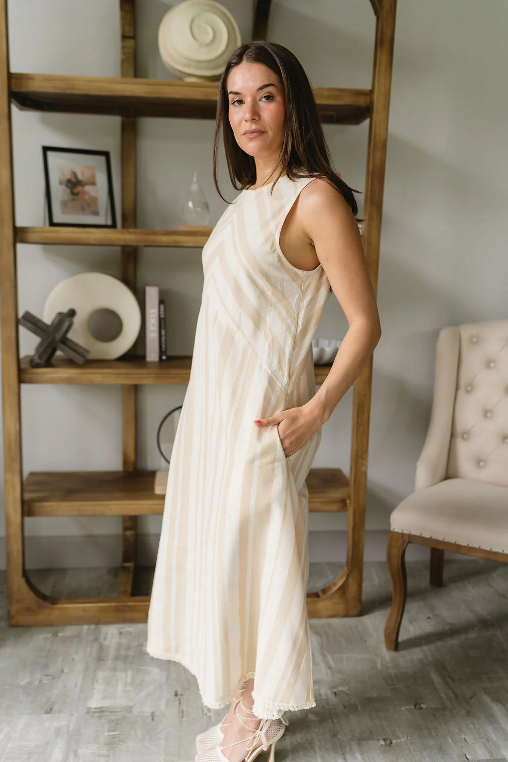 Tinsley Taupe & Oatmeal Linen Fray Midi Dress - Image 8
