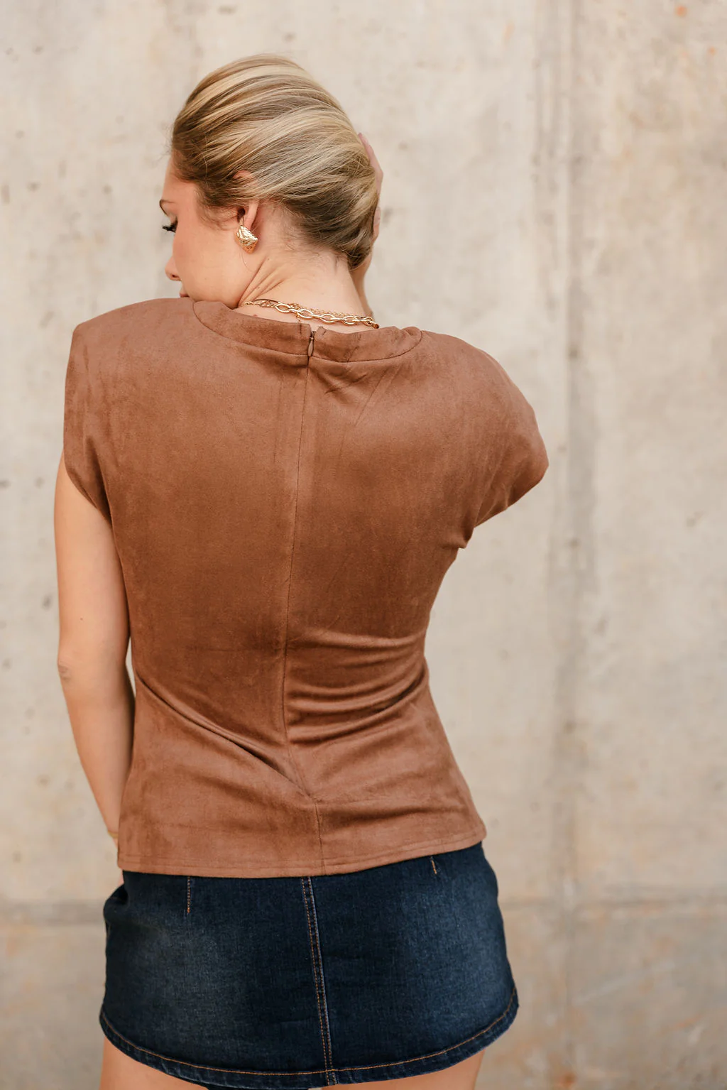 Torey Brown Faux Suede Ruched Top - Image 7