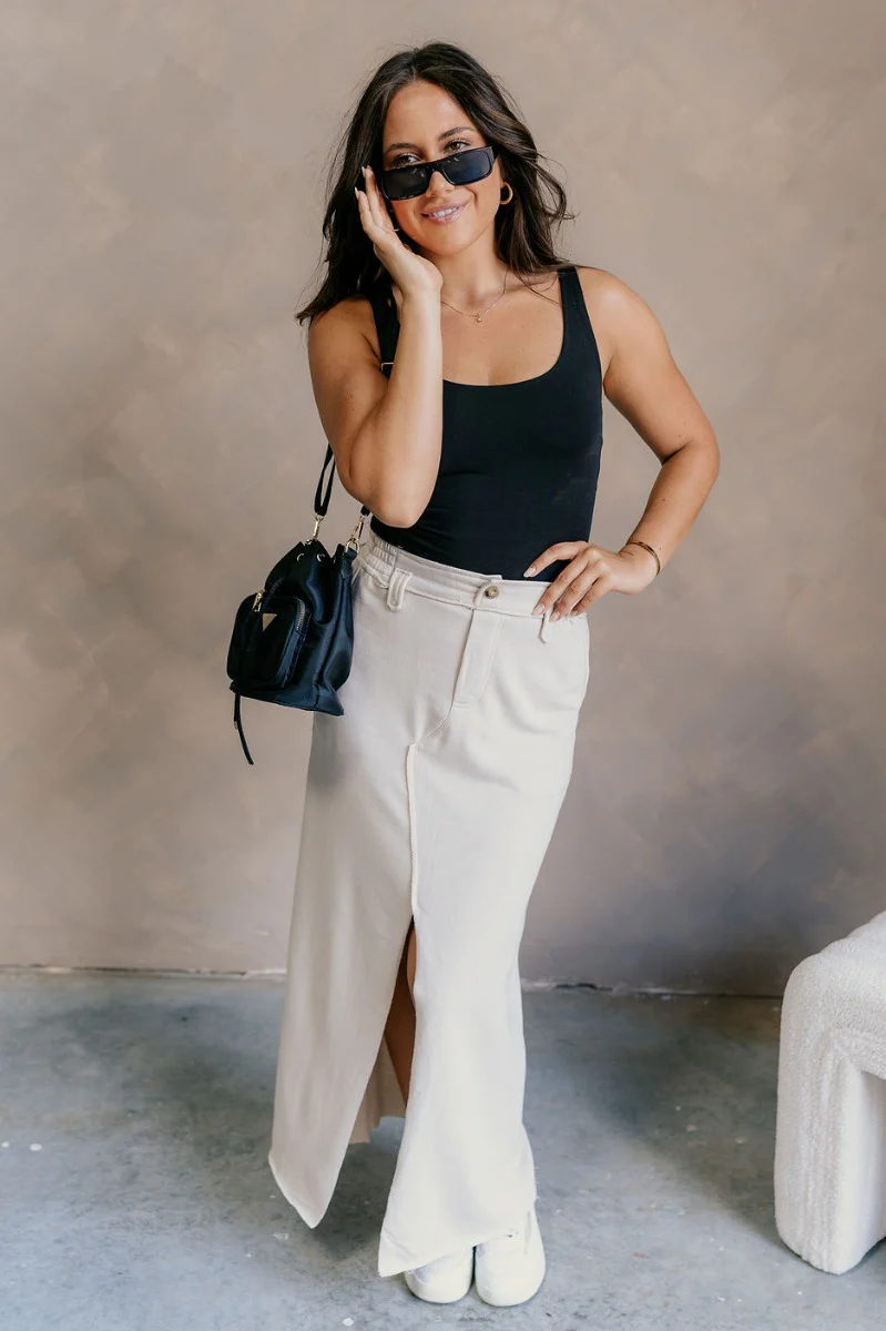 Tori Cream Front Slit Midi Skirt
