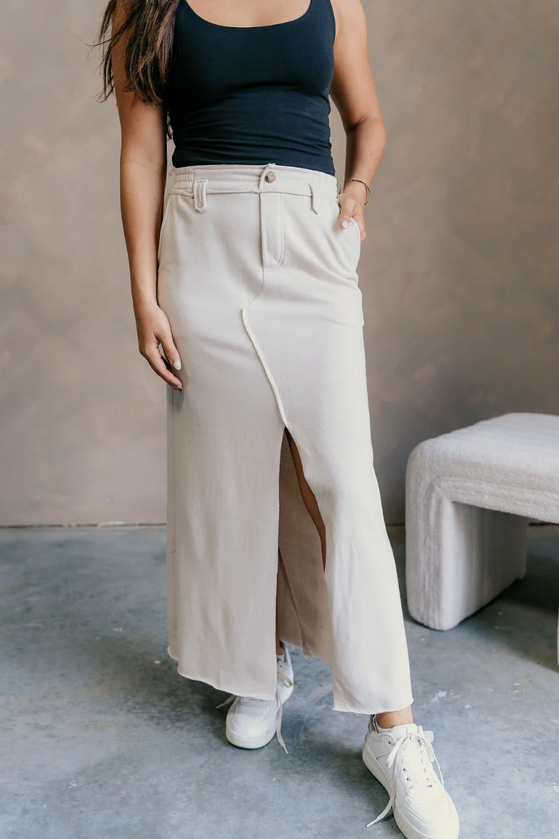 Tori Cream Front Slit Midi Skirt - Image 3