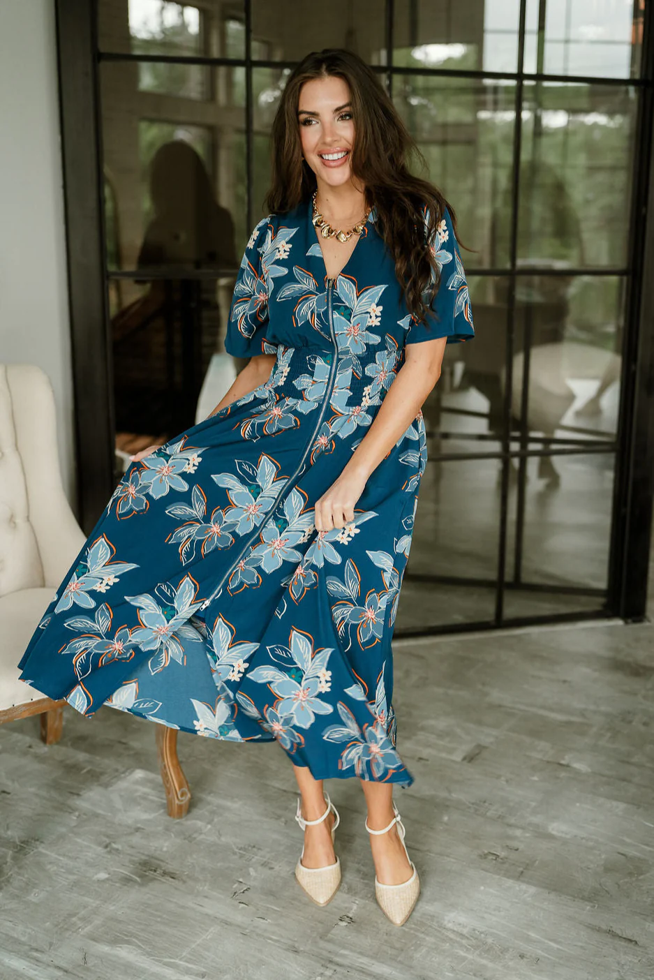 Tori Teal Multi Floral Zip-Up Midi Dress - Image 3