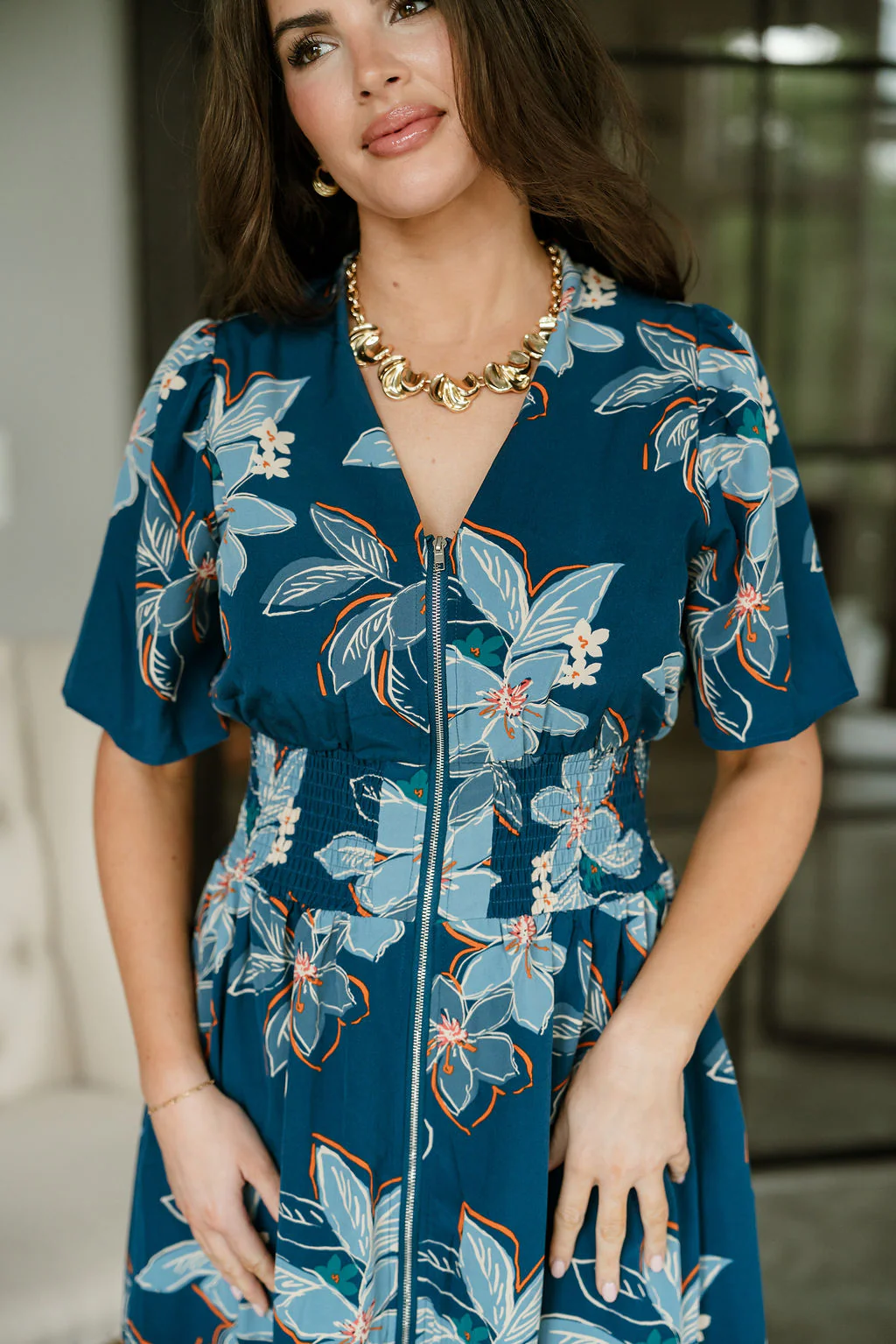 Tori Teal Multi Floral Zip-Up Midi Dress - Image 4