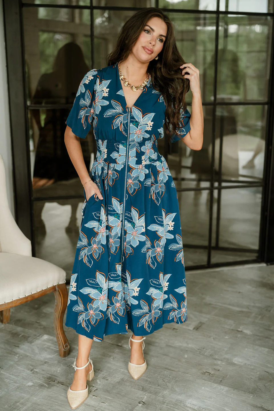 Tori Teal Multi Floral Zip-Up Midi Dress - Image 8