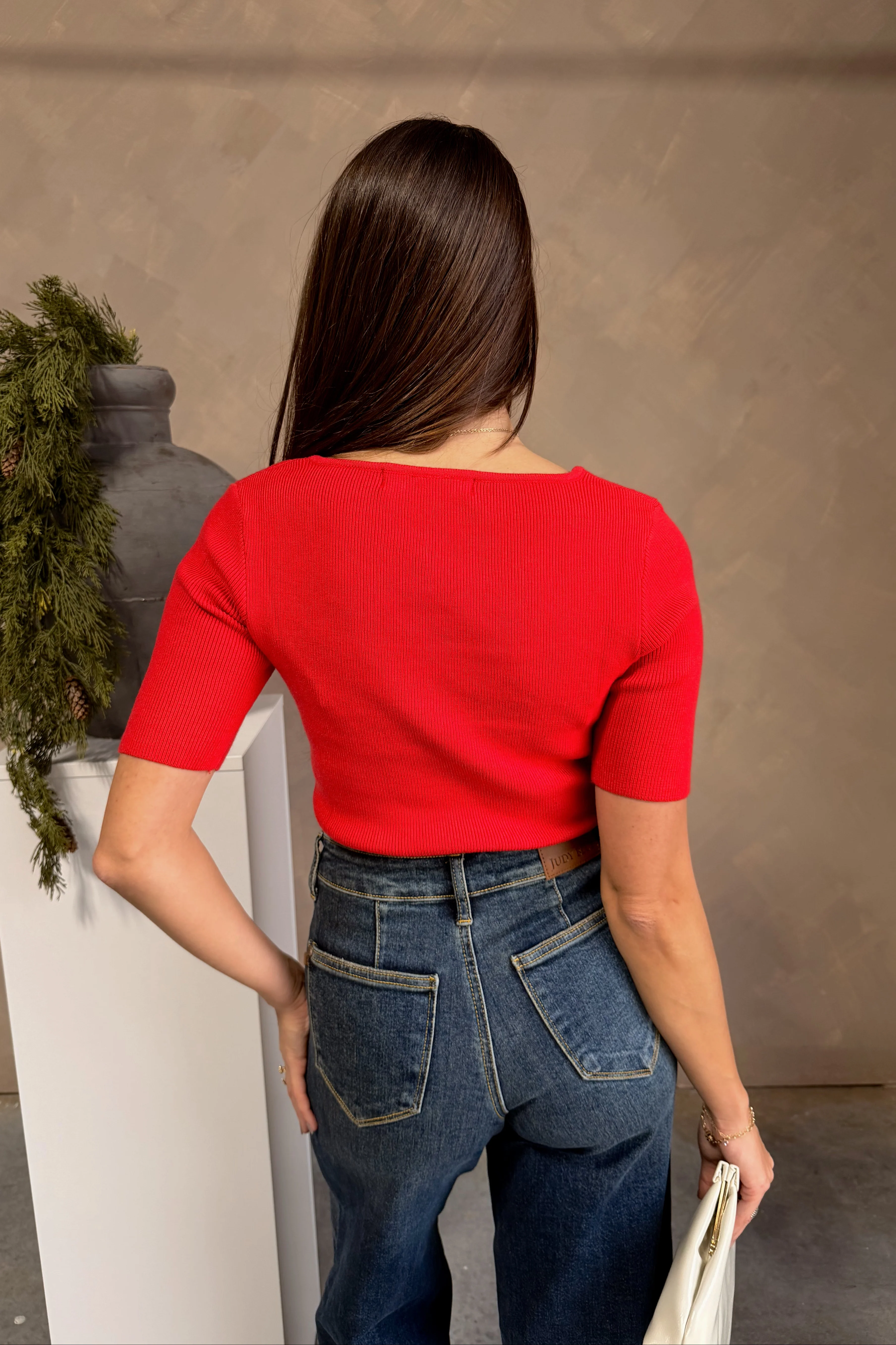 Tristan Red Square Neck Bow Top - Image 5