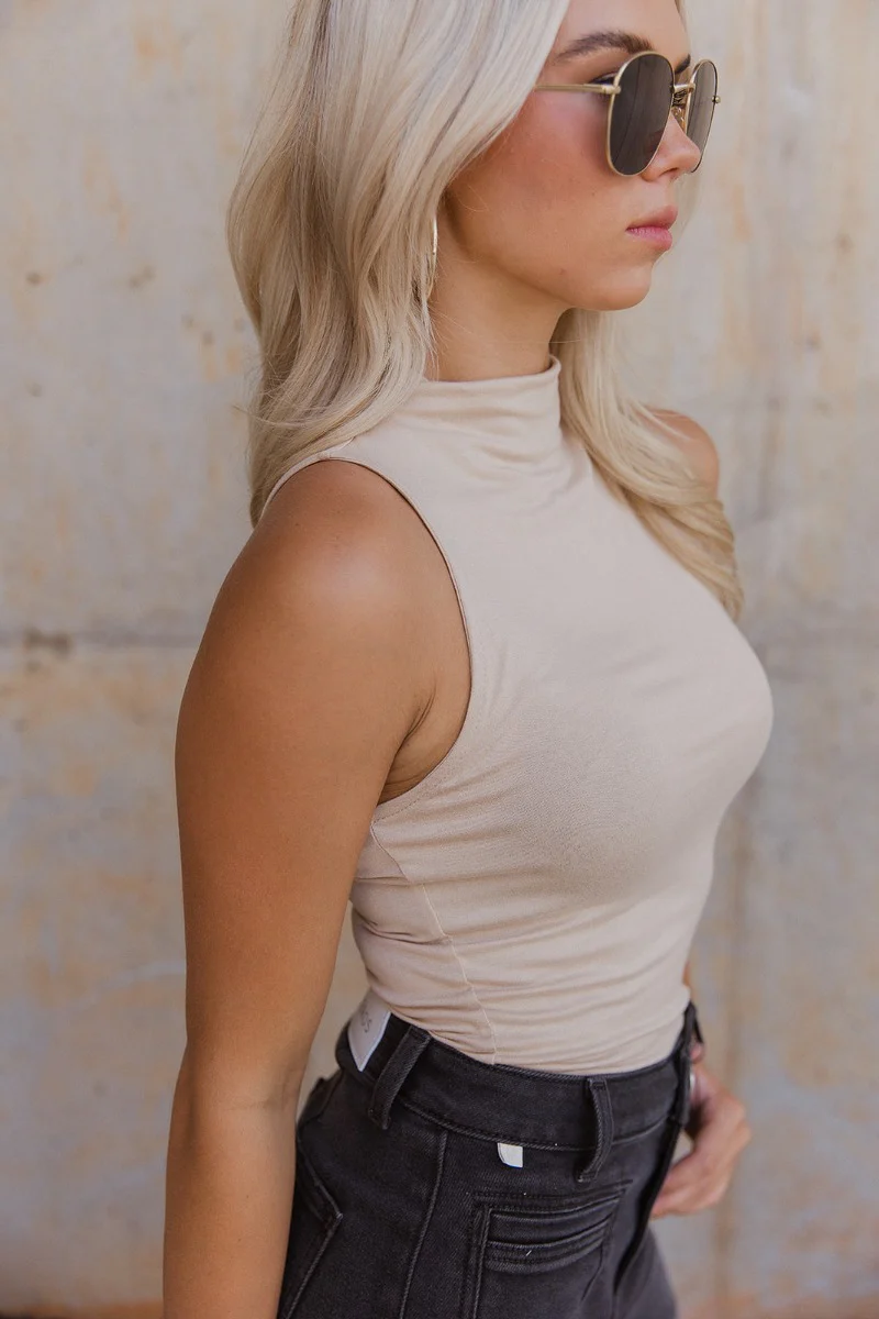True Story Mock Neck Tank in Tan - Image 5