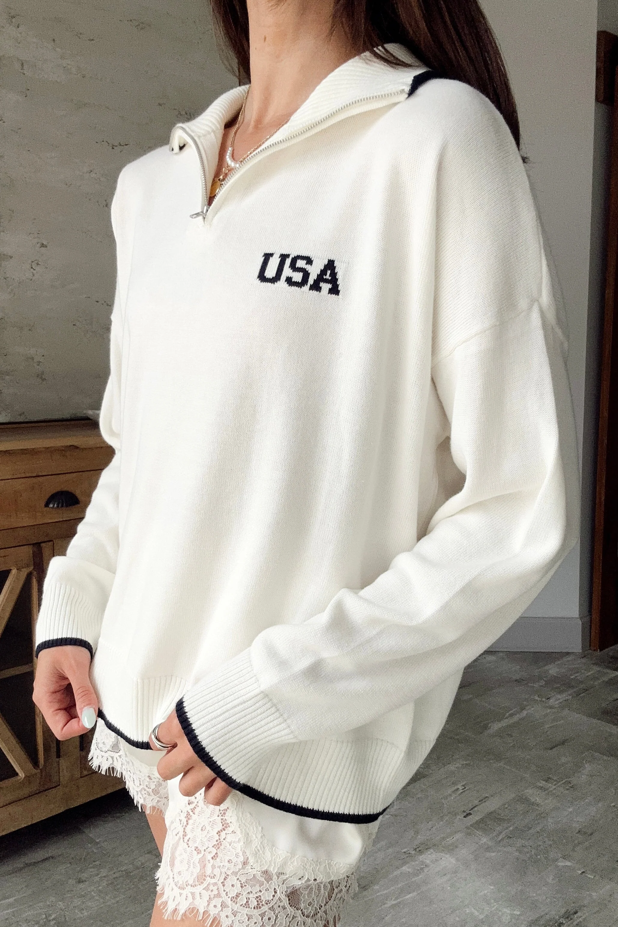 USA Flag Cream Quarter Zip Sweater - Image 2