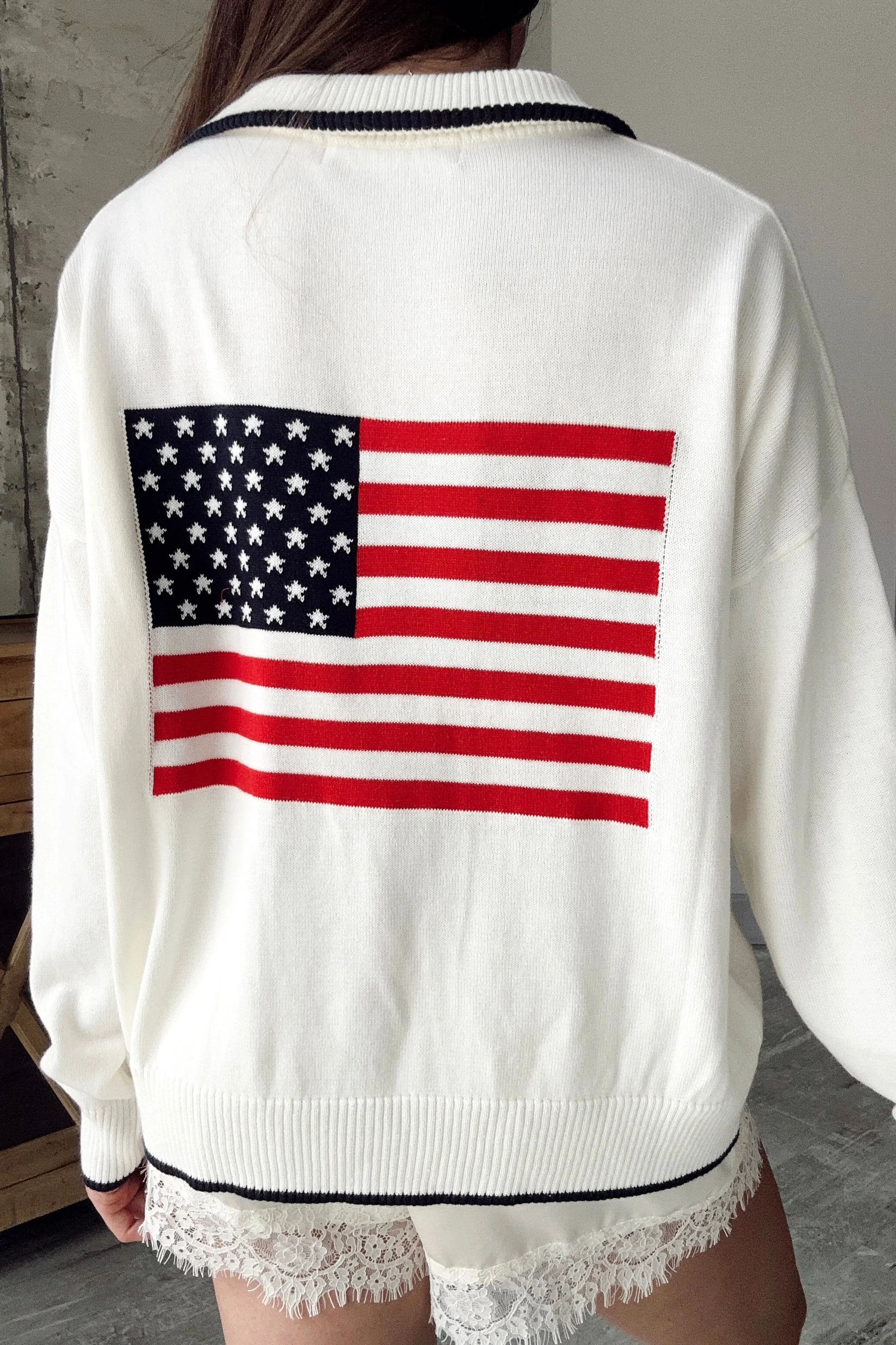 USA Flag Cream Quarter Zip Sweater - Image 3