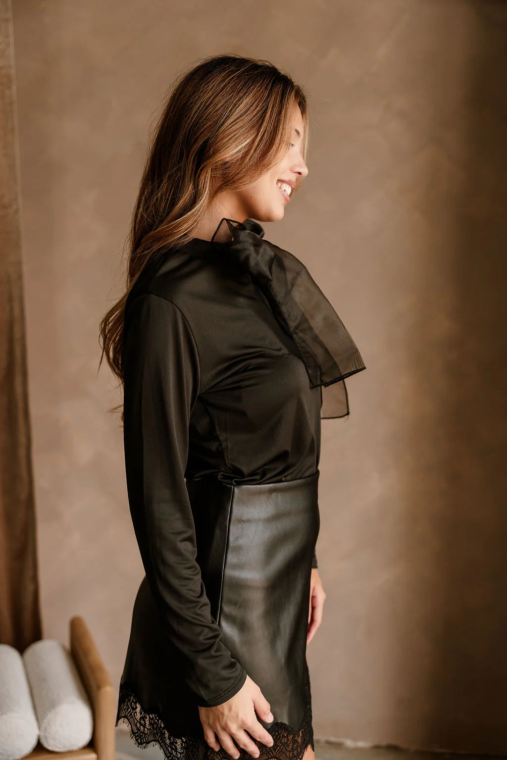 Valentina Black Organza Bow Long Sleeve Top - Image 6