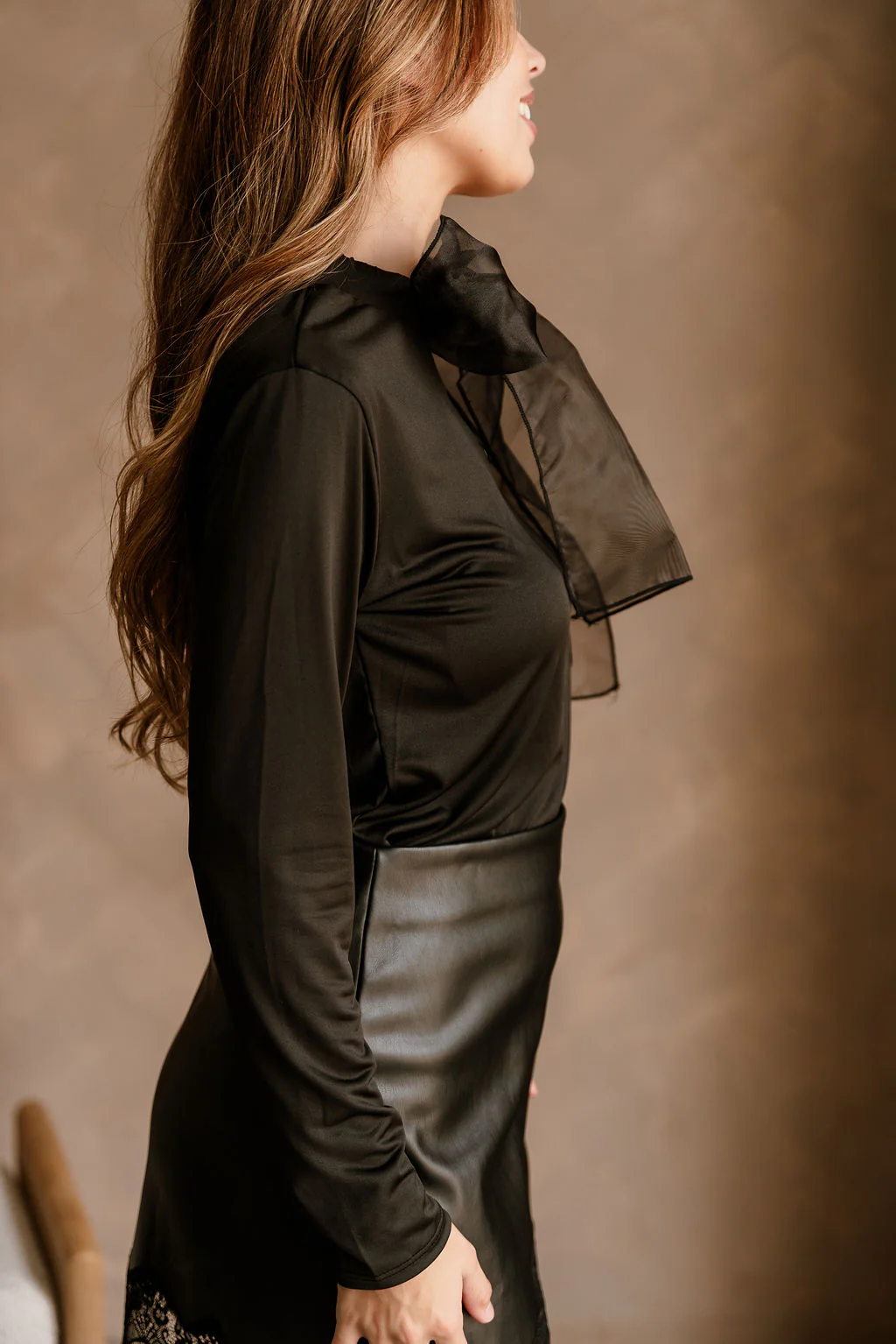 Valentina Black Organza Bow Long Sleeve Top - Image 7