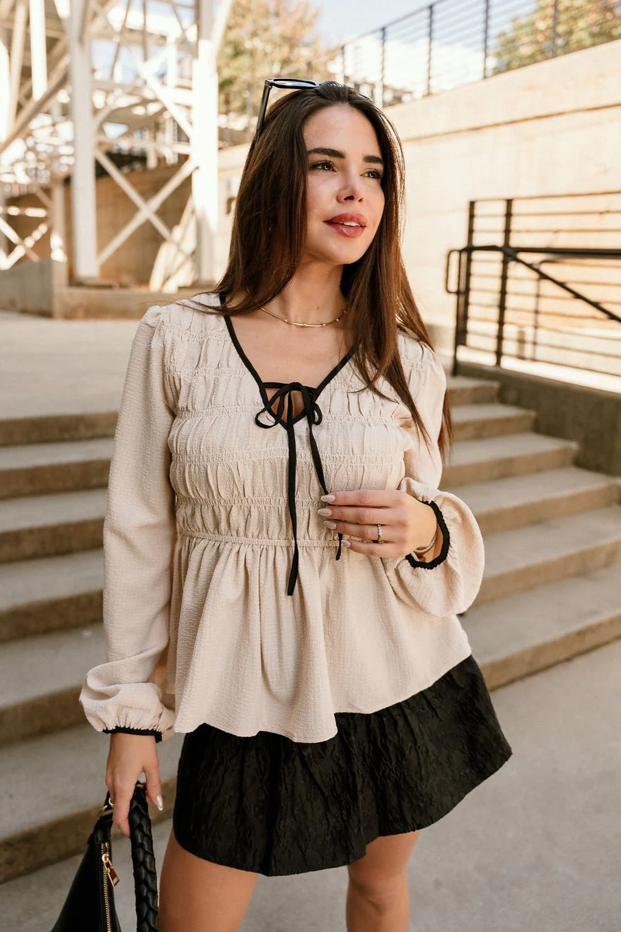 Valeria Natural & Black Tie Peplum Top