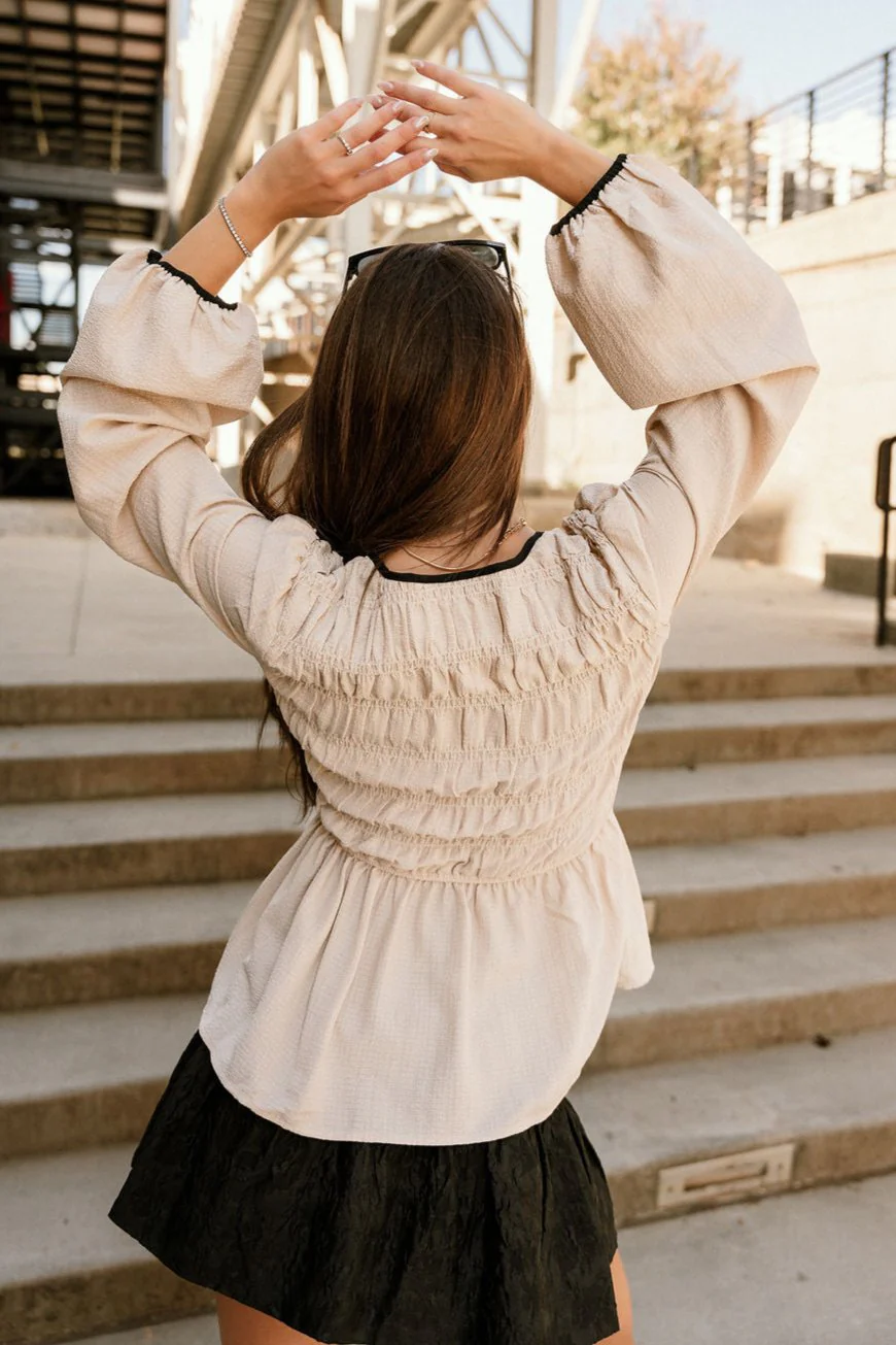 Valeria Natural & Black Tie Peplum Top - Image 3