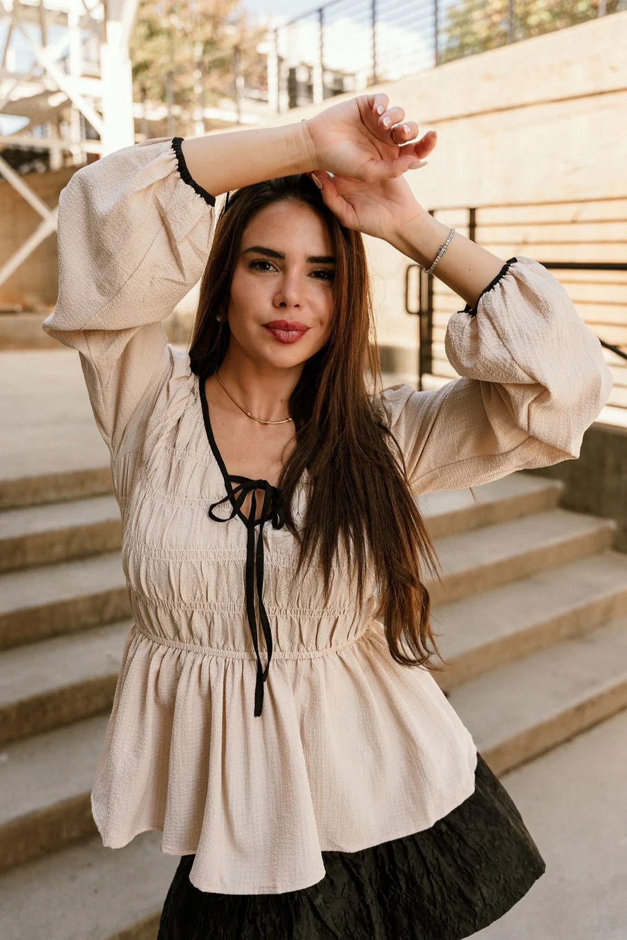 Valeria Natural & Black Tie Peplum Top - Image 4