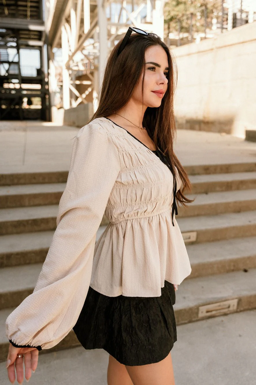 Valeria Natural & Black Tie Peplum Top - Image 5