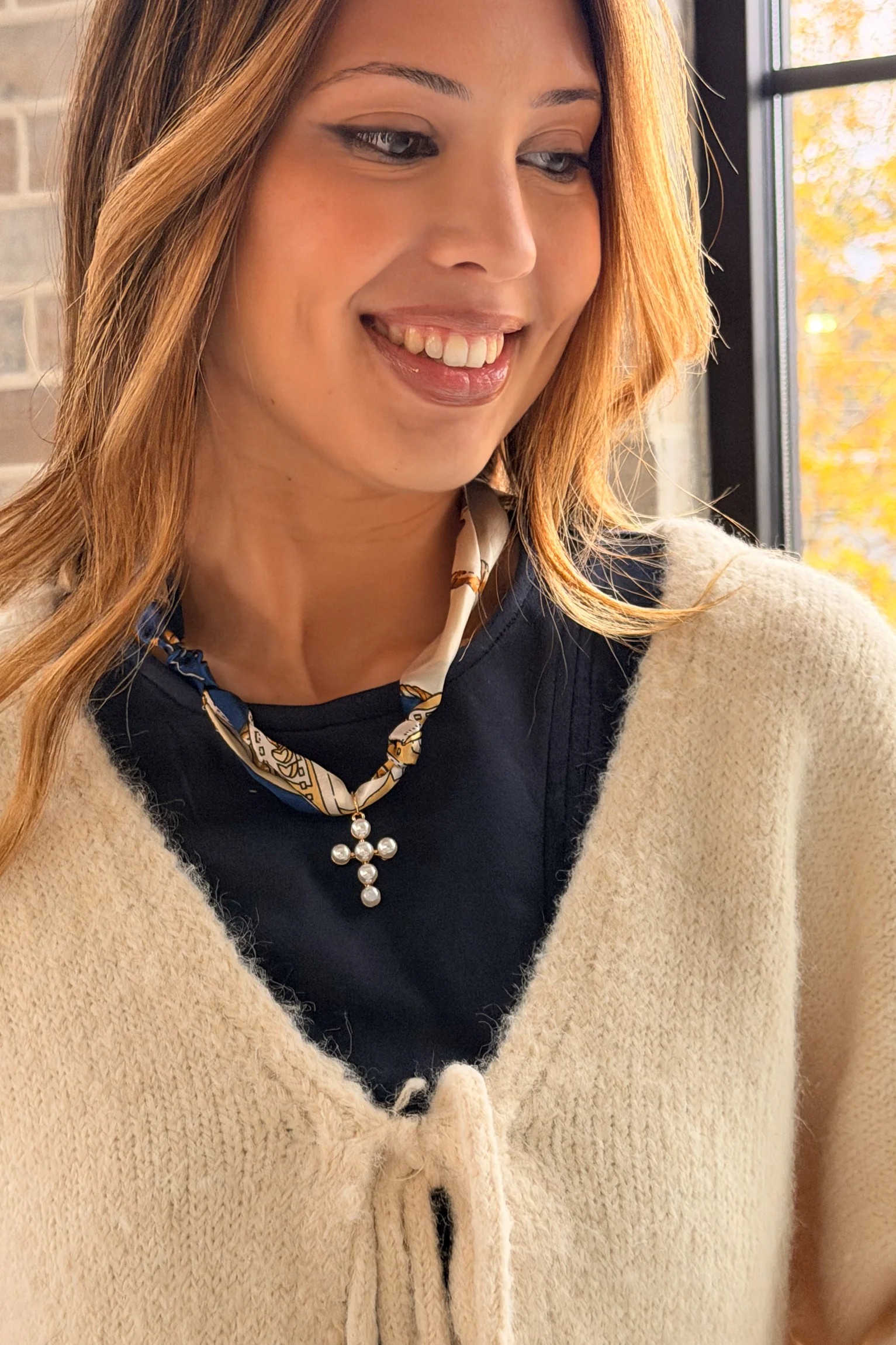 Valerie Blue Multi & Pearl Cross Necklace