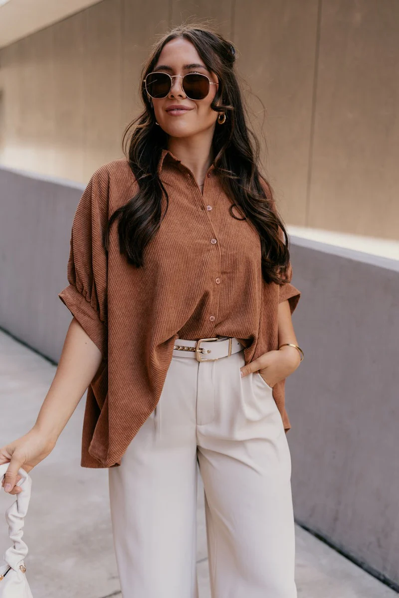 Valerie Camel Corduroy Short Sleeve Top