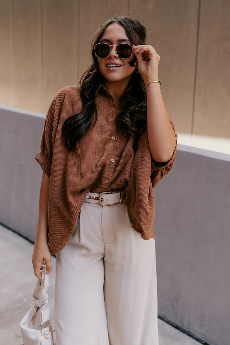 Valerie Camel Corduroy Short Sleeve Top - Image 3