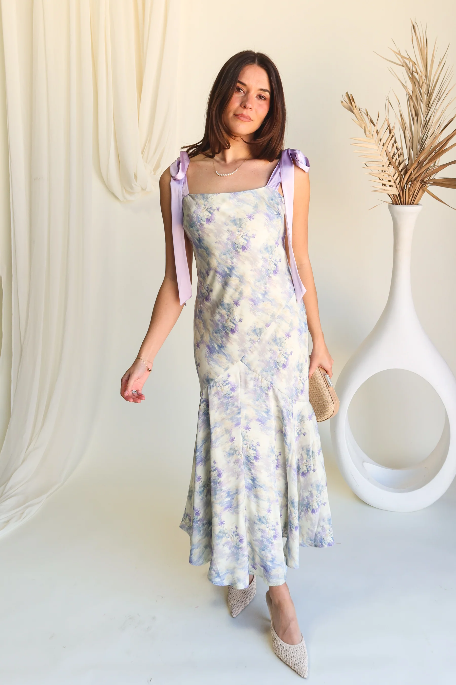Valerie Ivory Purple Floral Midi Dress - Image 6