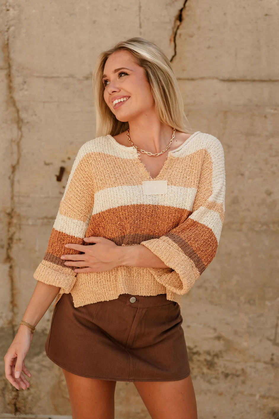 Veda Camel Multi Stripe Knit Sweater