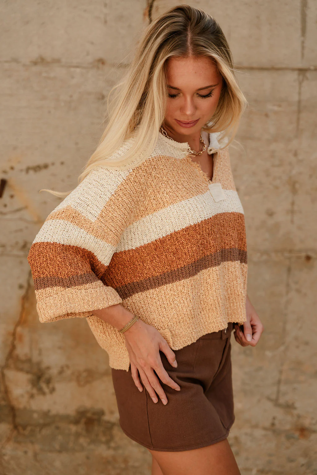 Veda Camel Multi Stripe Knit Sweater - Image 2