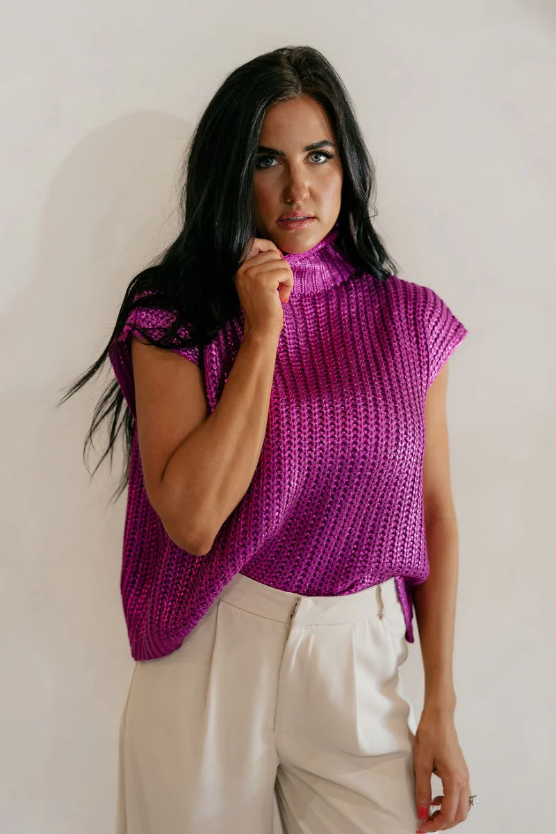 Velma Magenta Metallic Cable Knit Sleeveless Sweater - Image 4