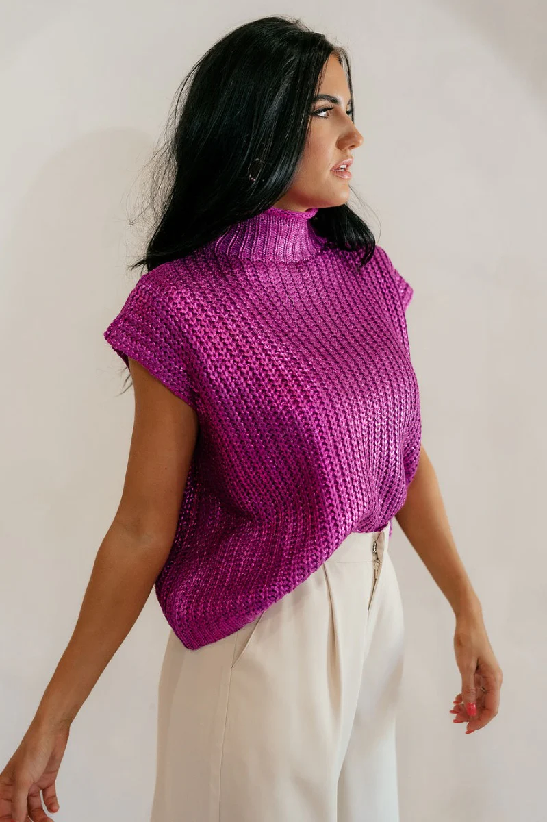 Velma Magenta Metallic Cable Knit Sleeveless Sweater - Image 6