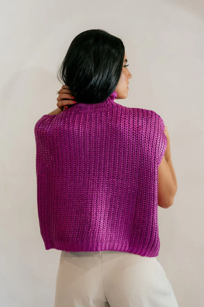 Velma Magenta Metallic Cable Knit Sleeveless Sweater - Image 7