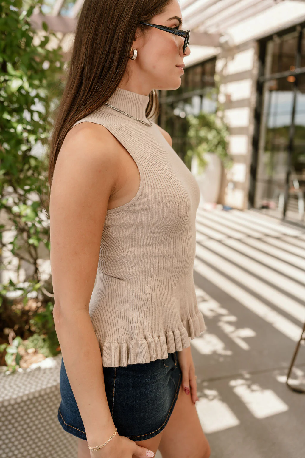 Vera Taupe Ribbed & Ruffle Tank - Image 4