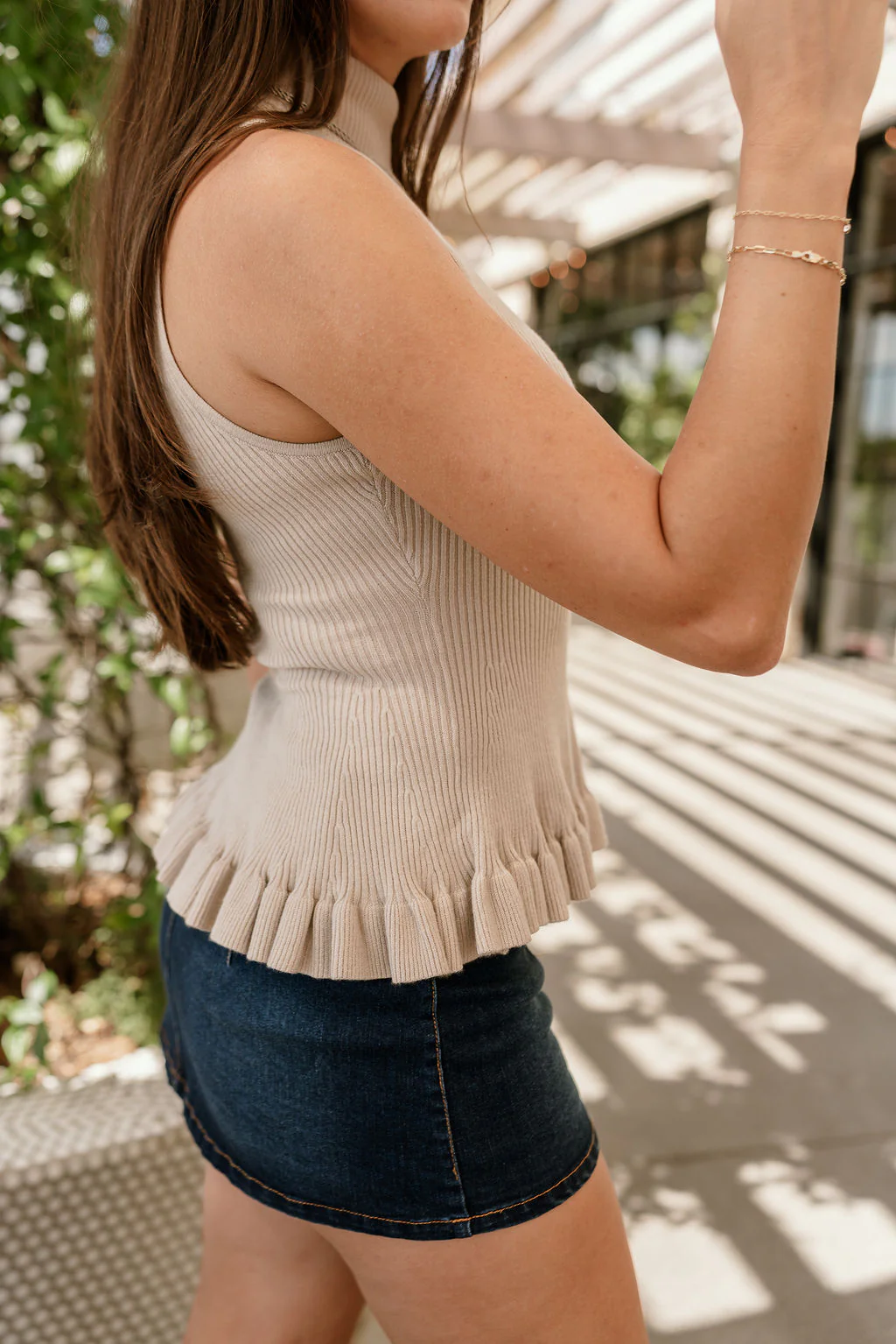 Vera Taupe Ribbed & Ruffle Tank - Image 7