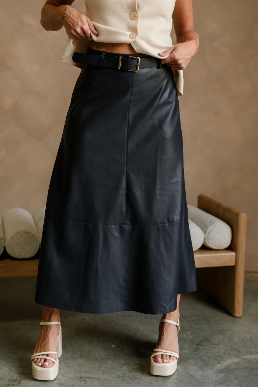 Veronica Navy Belted Faux Leather Midi Skirt - Image 3