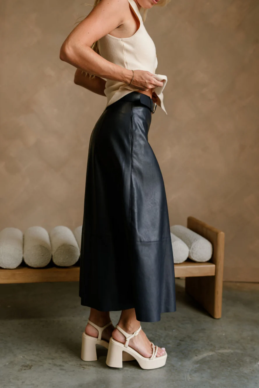 Veronica Navy Belted Faux Leather Midi Skirt - Image 5