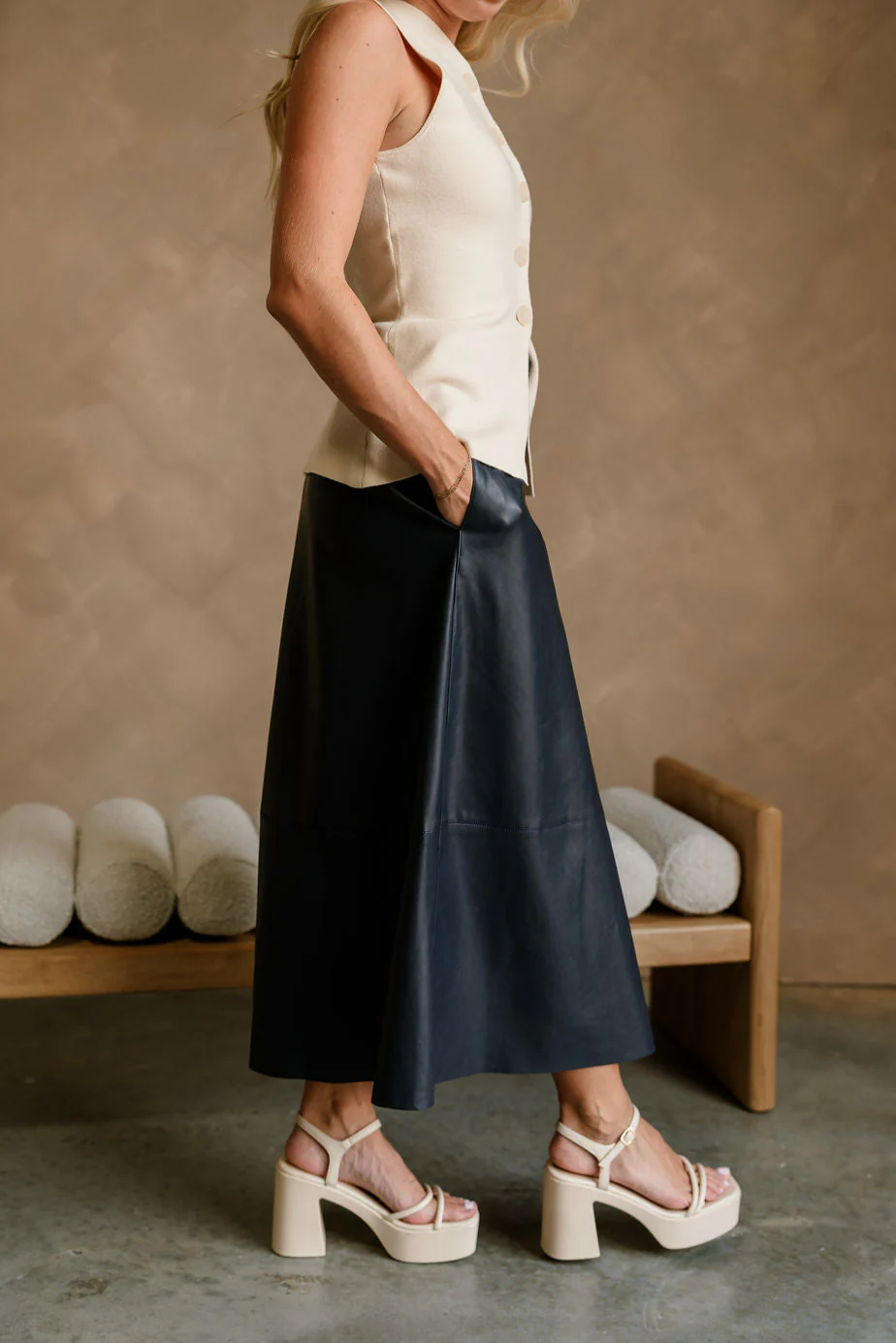 Veronica Navy Belted Faux Leather Midi Skirt - Image 6