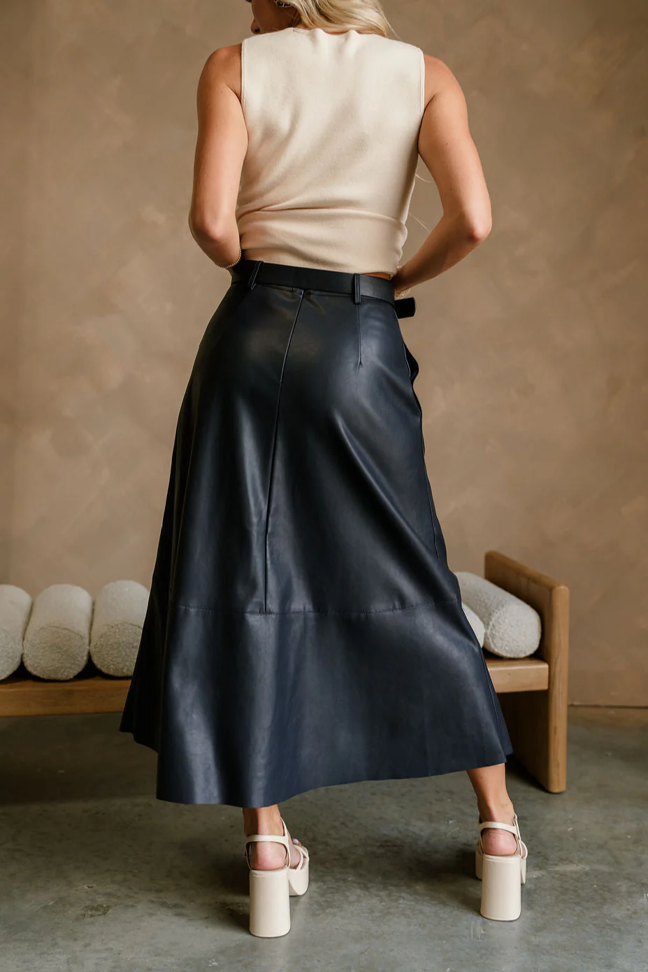 Veronica Navy Belted Faux Leather Midi Skirt - Image 7