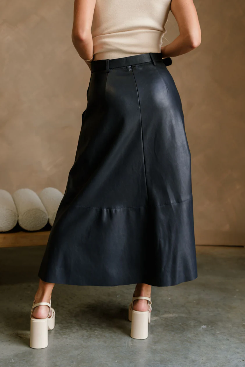 Veronica Navy Belted Faux Leather Midi Skirt - Image 8