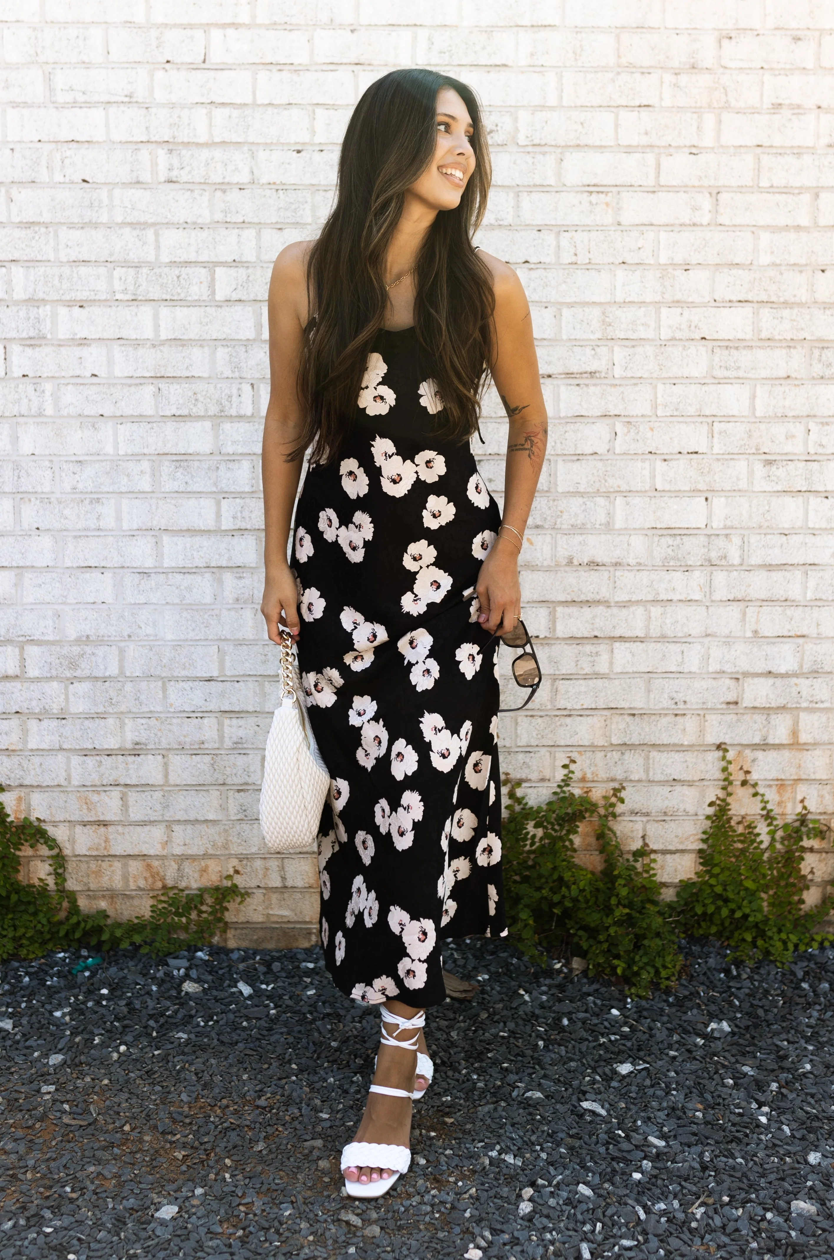 Victoria Black Floral Satin Midi Dress