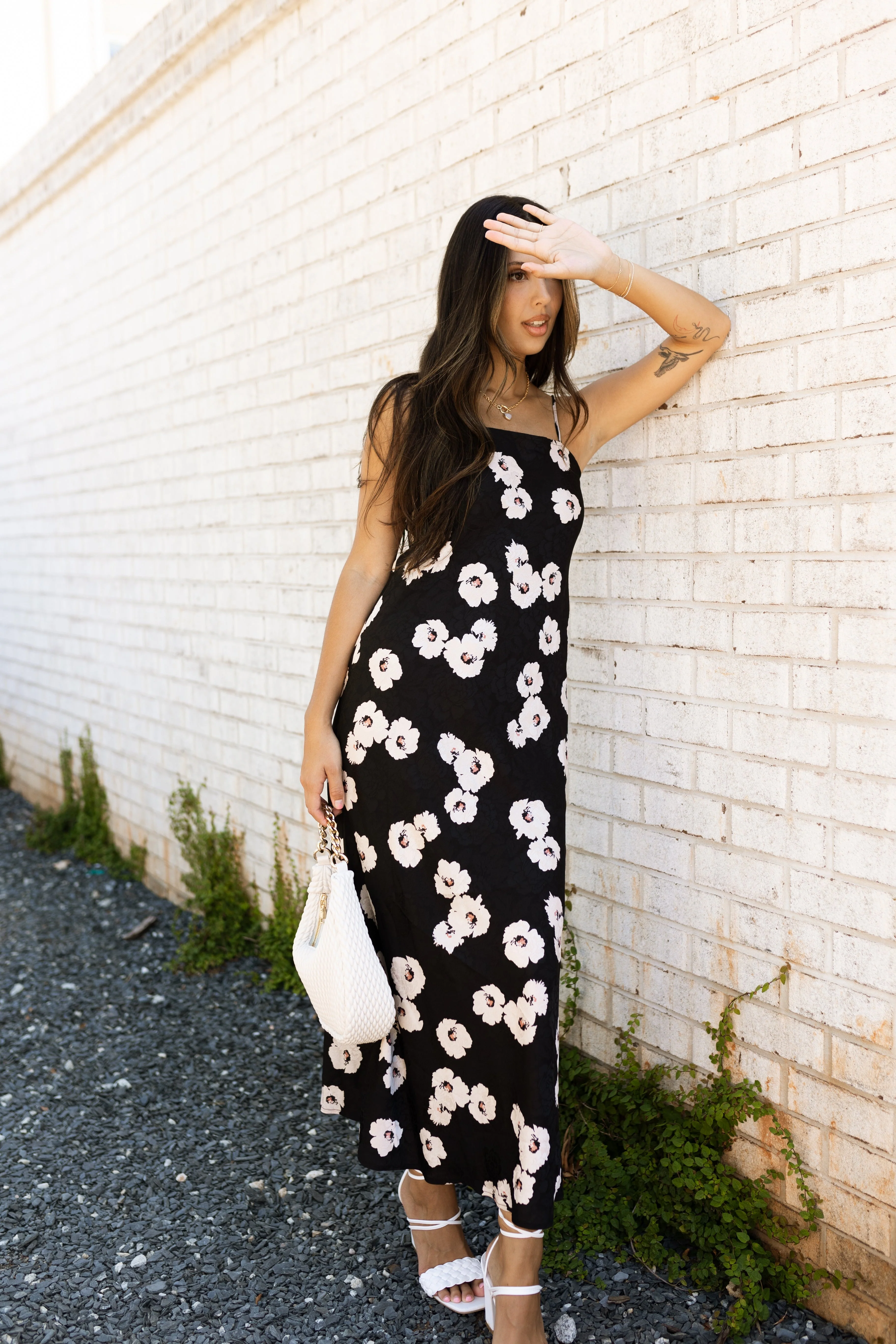 Victoria Black Floral Satin Midi Dress - Image 2