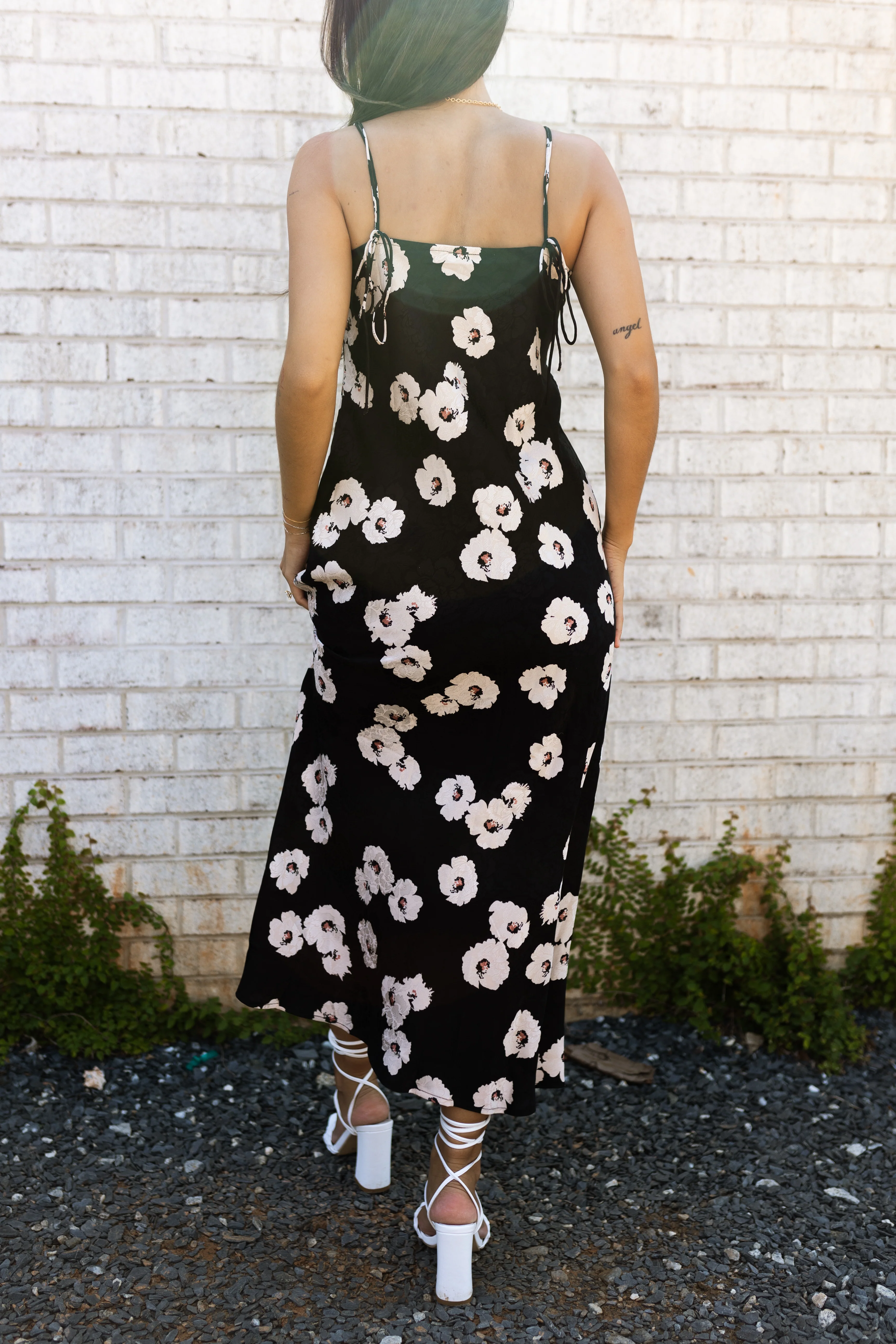 Victoria Black Floral Satin Midi Dress - Image 4