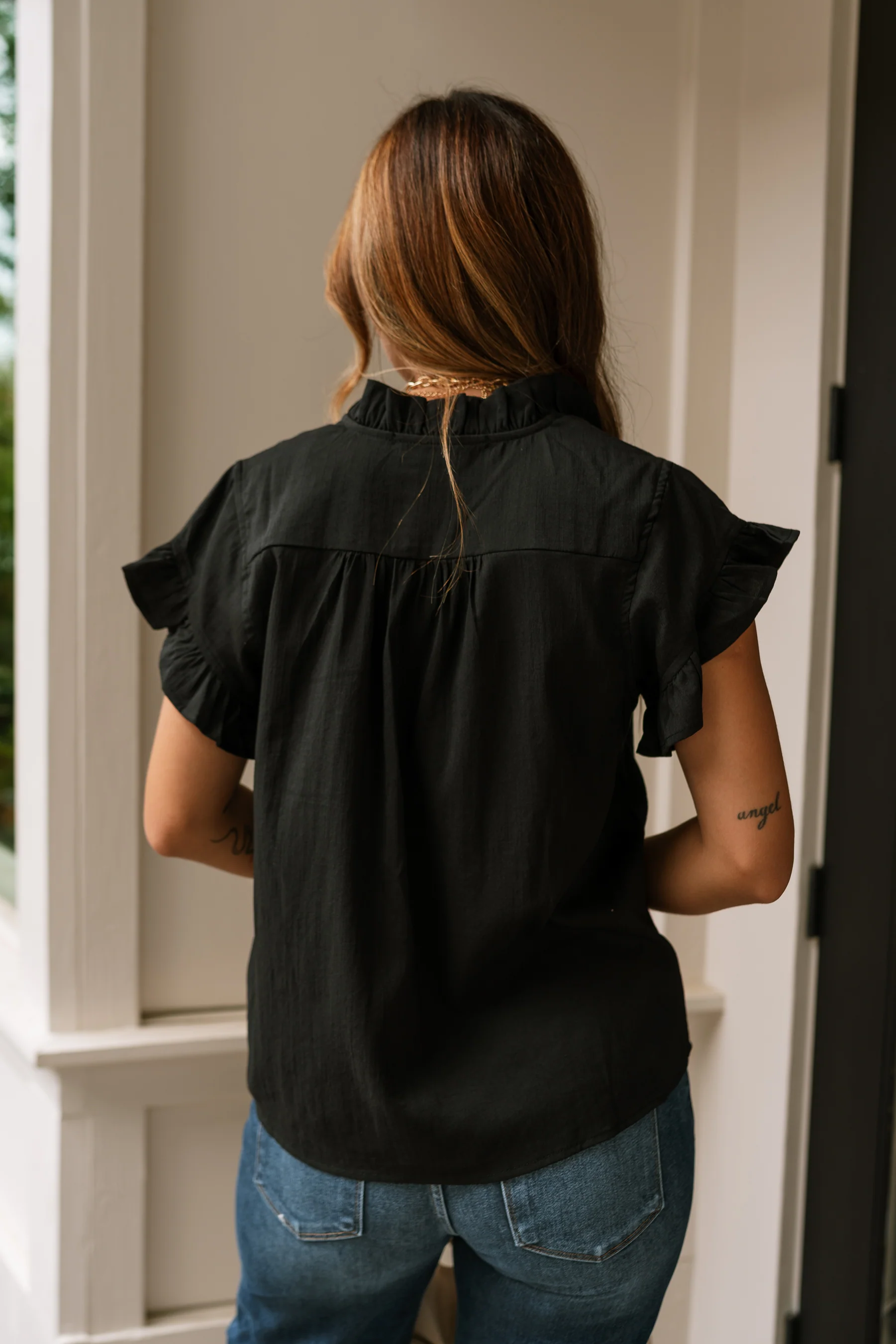 Victoria Black Ruffle Button-Up Top - Image 10