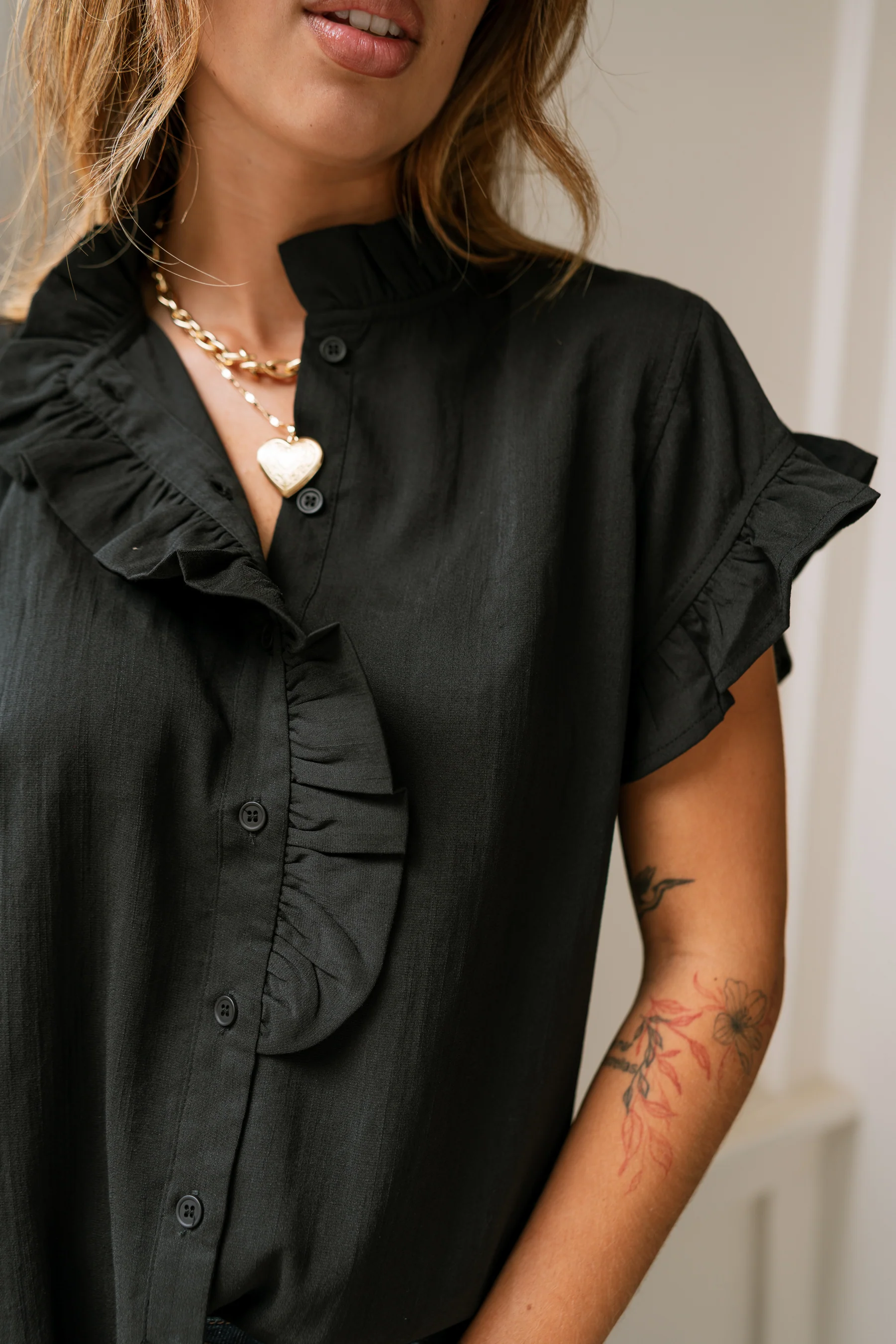 Victoria Black Ruffle Button-Up Top - Image 3