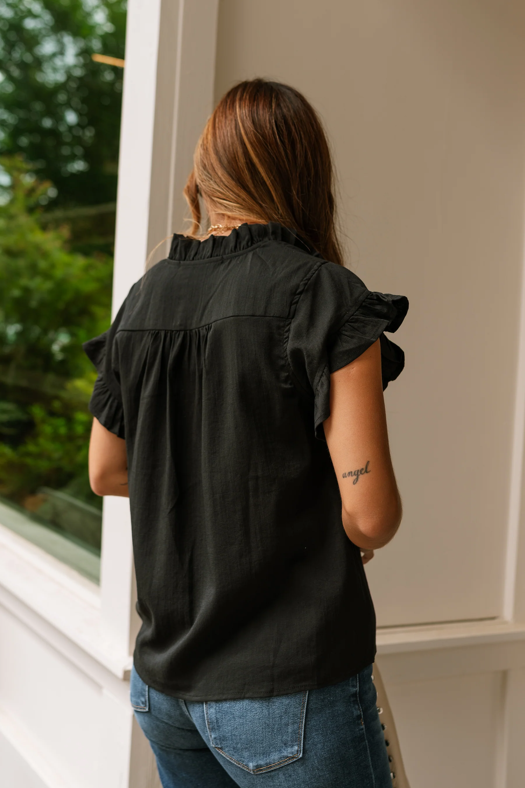 Victoria Black Ruffle Button-Up Top - Image 4