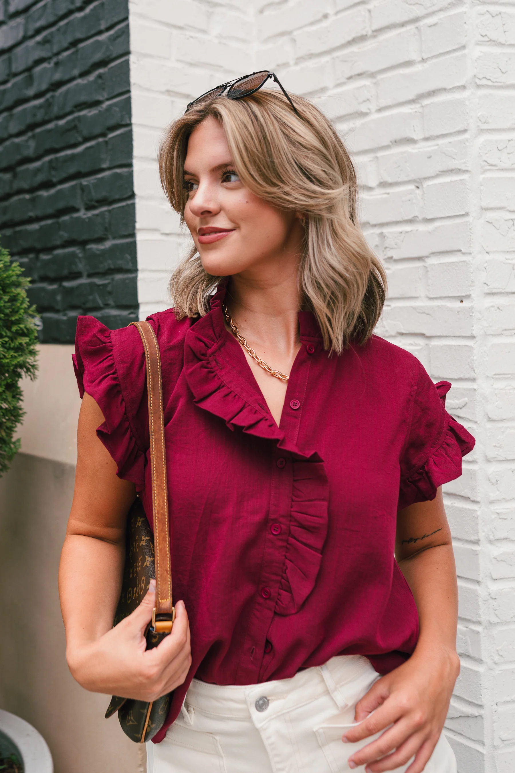 Victoria Burgundy Ruffle Button-Up Top
