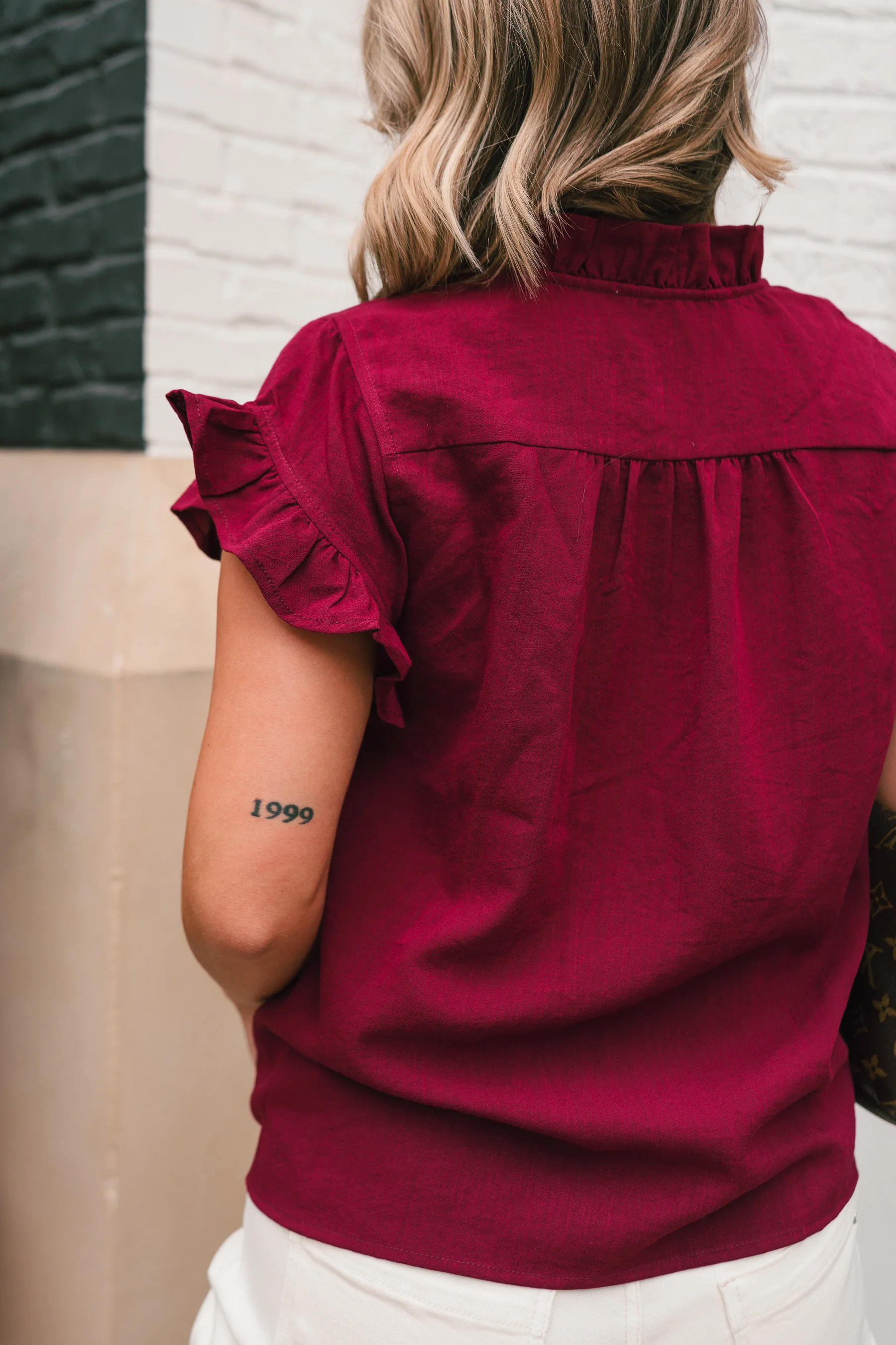 Victoria Burgundy Ruffle Button-Up Top - Image 10