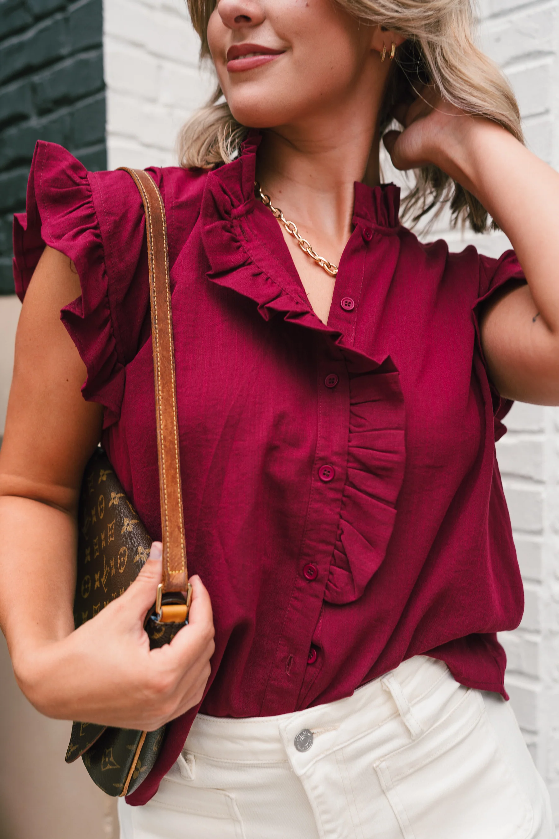 Victoria Burgundy Ruffle Button-Up Top - Image 5