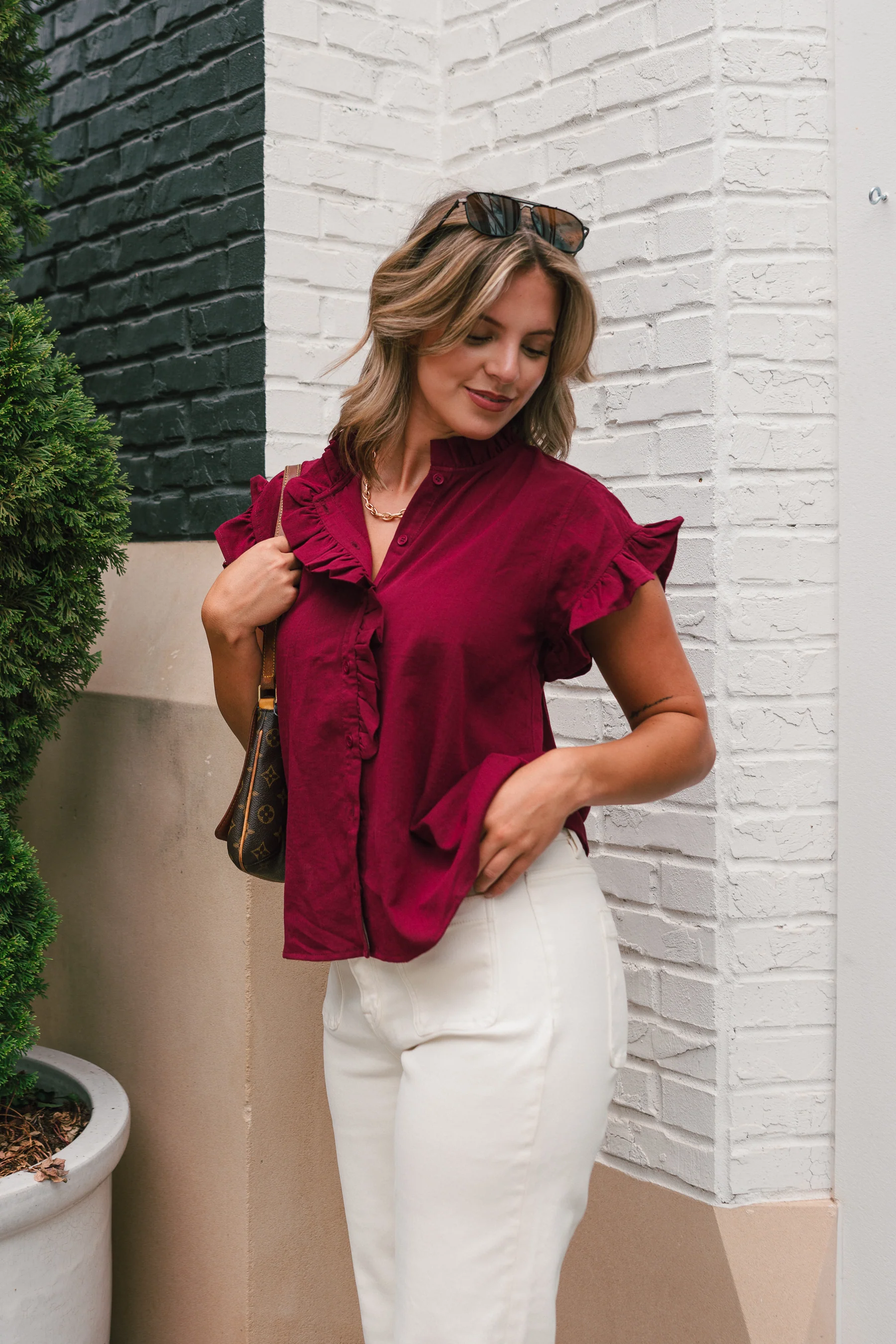 Victoria Burgundy Ruffle Button-Up Top - Image 7